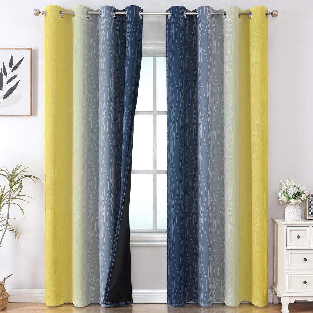 Estelartextiler Estelar Textiler Navy Blue and Yellow Ombre Blackout Curtains 90 Inches Long 2 Panels for Living Room, Thermal Insulated Dra…