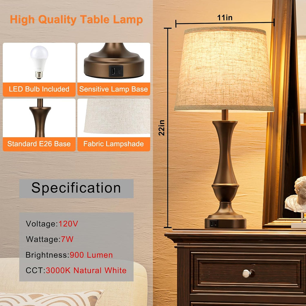 Seealle Upgraded Touch Lamps for Night Stands Set of 2 - Bedside Lamps with USB C+A, 3 Way Dimmable for Bedroom Living Room End Tables…