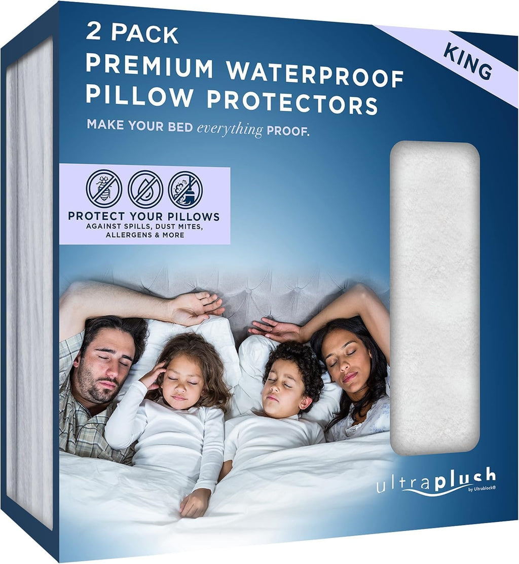 UltraBlock Ultra Plush Premium Waterproof Pillow Protector Set of 2 - Zippered Pillow Case Cover - Super Soft and Quiet Feather Proof…