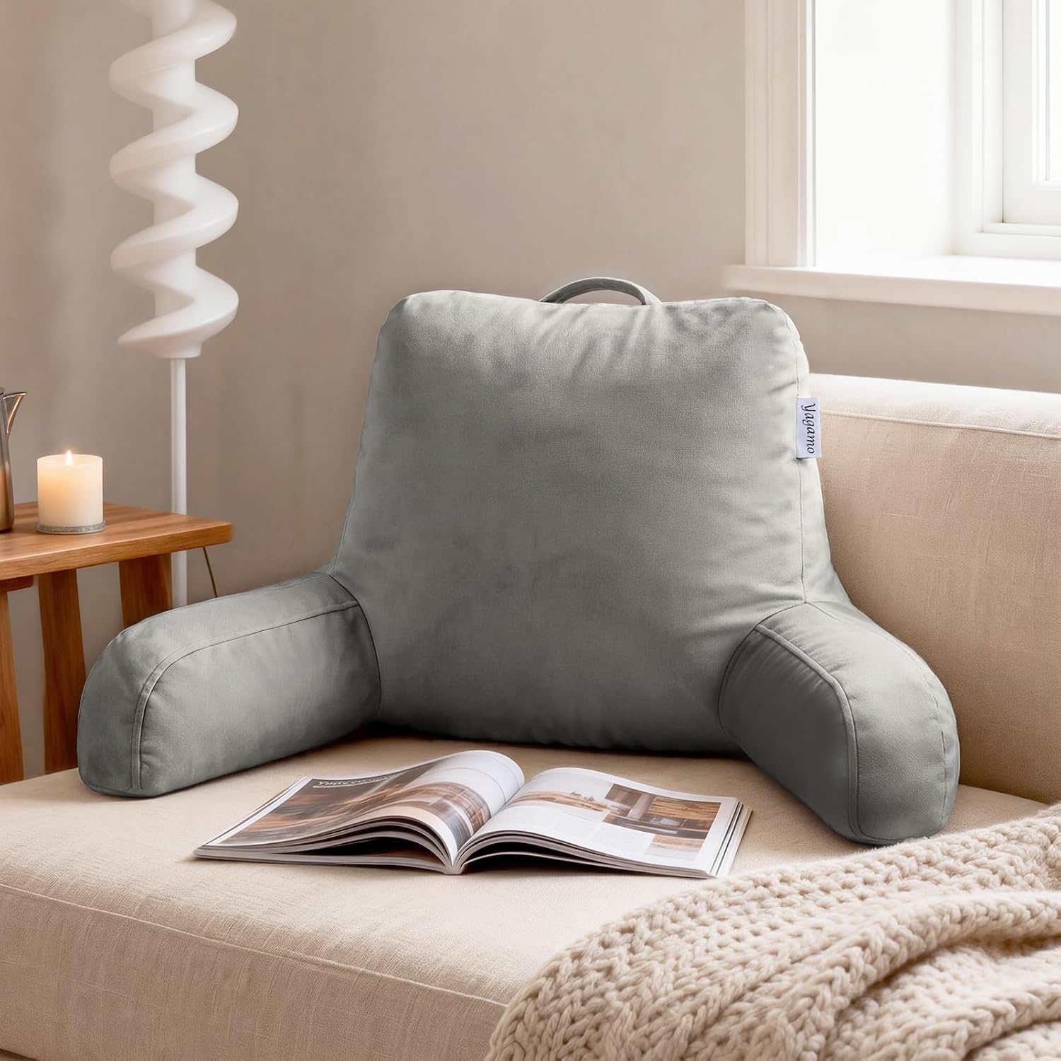 Reading Pillow for Bed Sitting Up, Adults and Teens Backrest with Arms, Velvet Back Support Pillow for Sitting on Sofa, Couch with…