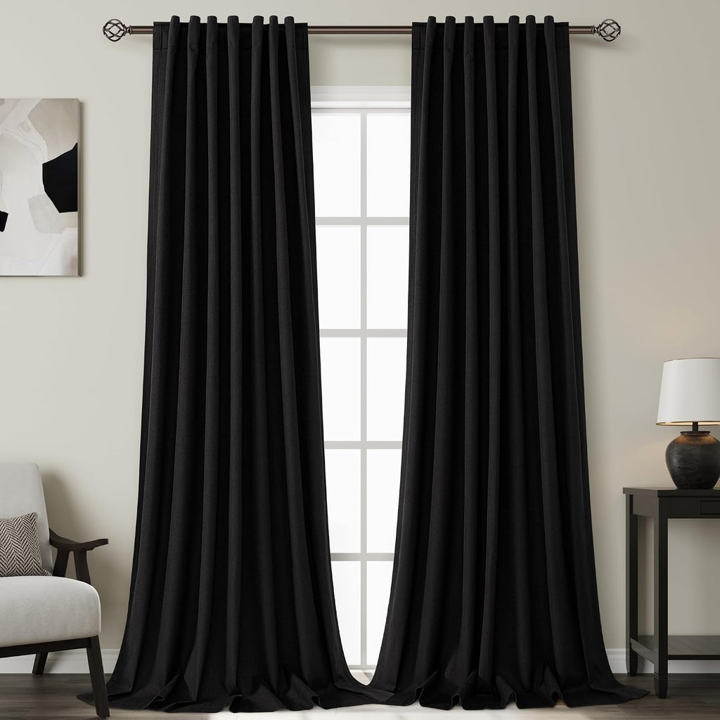 Nanspring Black 100% Blackout Linen Curtains 96 Inches Long for Bedroom Back Tab Thermal Insulated Vintage Farmhouse Decor Modern Black Out…