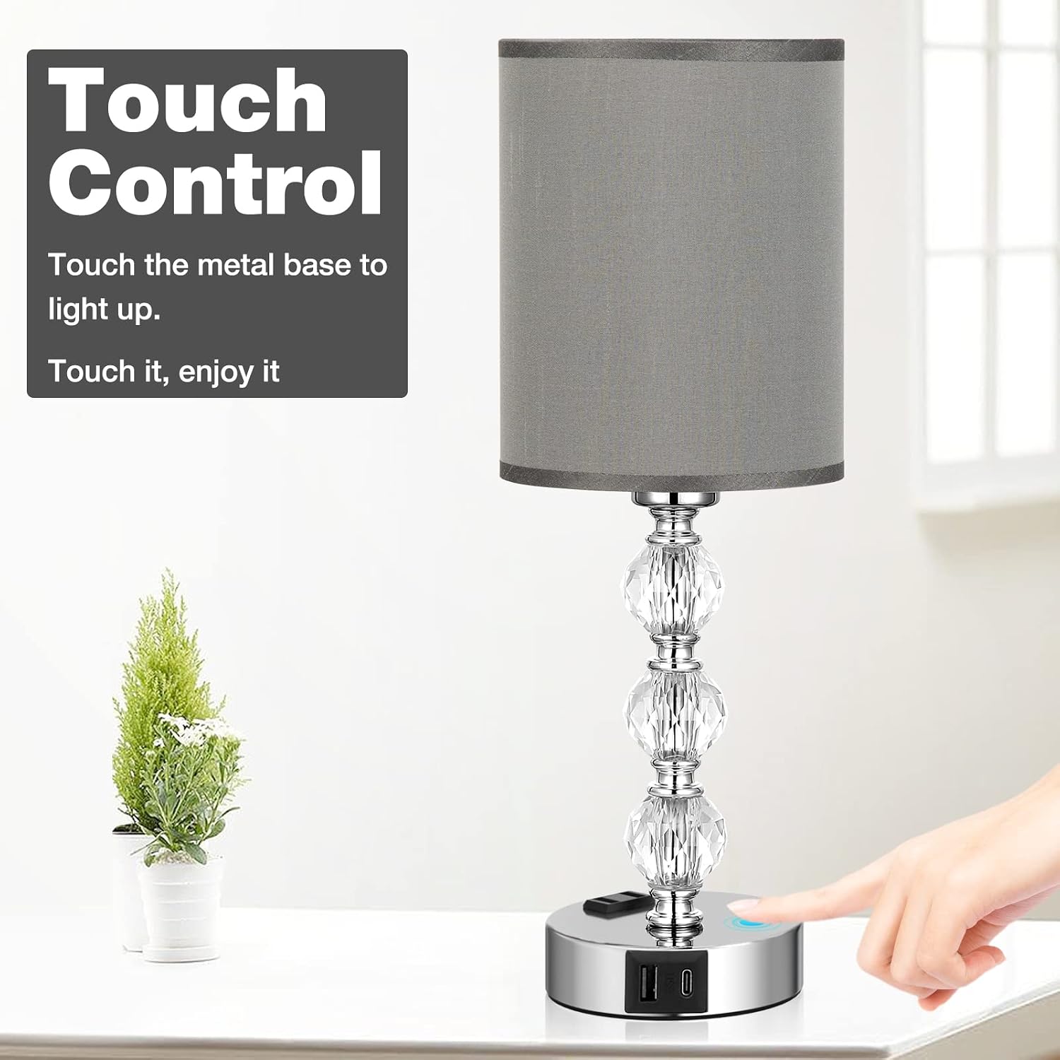 Grey Touch Bedside Lamps for Bedrooms - Crystal Table Lamp with USB C+A Charging Port and AC Outlet Nightstand, 3 Way Dimmable Silver…