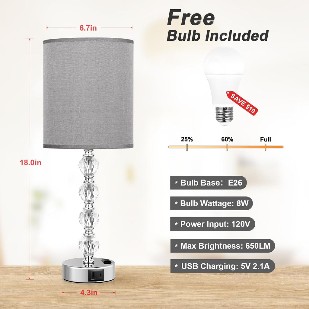 Touch Bedside Crystal Lamps for Bedrooms Nightstand with USB C+A Charging Port and AC Outlet White, 3 Way Dimmable Silver Large End Side…