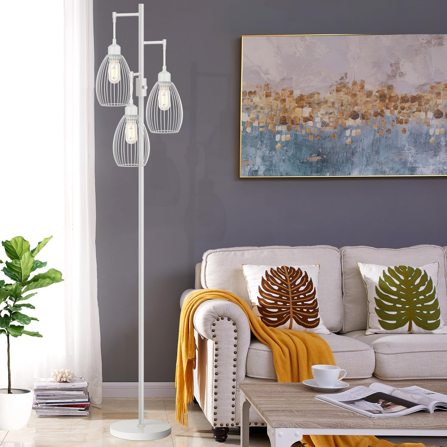 Dimmable Floor Lamp, 3 x 800LM LED Edison Bulbs Included, Farmhouse Industrial Floor Lamp Standing Lamp with Elegant Teardrop Cage Head…