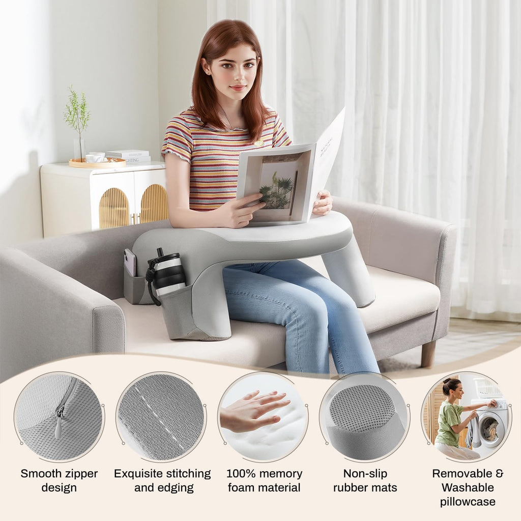 Wogahev Reading Pillow for Bed, Lap Desk for Laptop, Memory Foam Arm Rest Support Gaming Pillow with Cup/Phone Pocket, Laptop Lap Desk for…