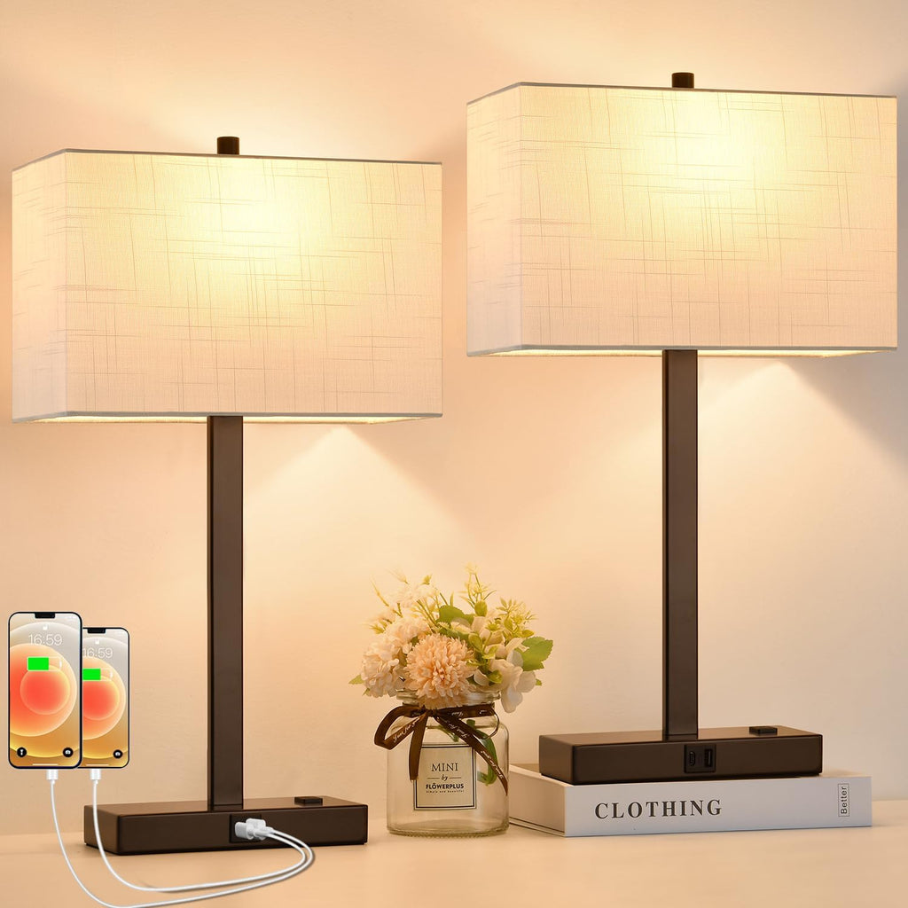 21" Touch Bedside lamps with 2 USB & AC Outlets, 3-Way Dimmable Bedside Table Lamps Set of 2 for Bedroom Living Room Office Reading…