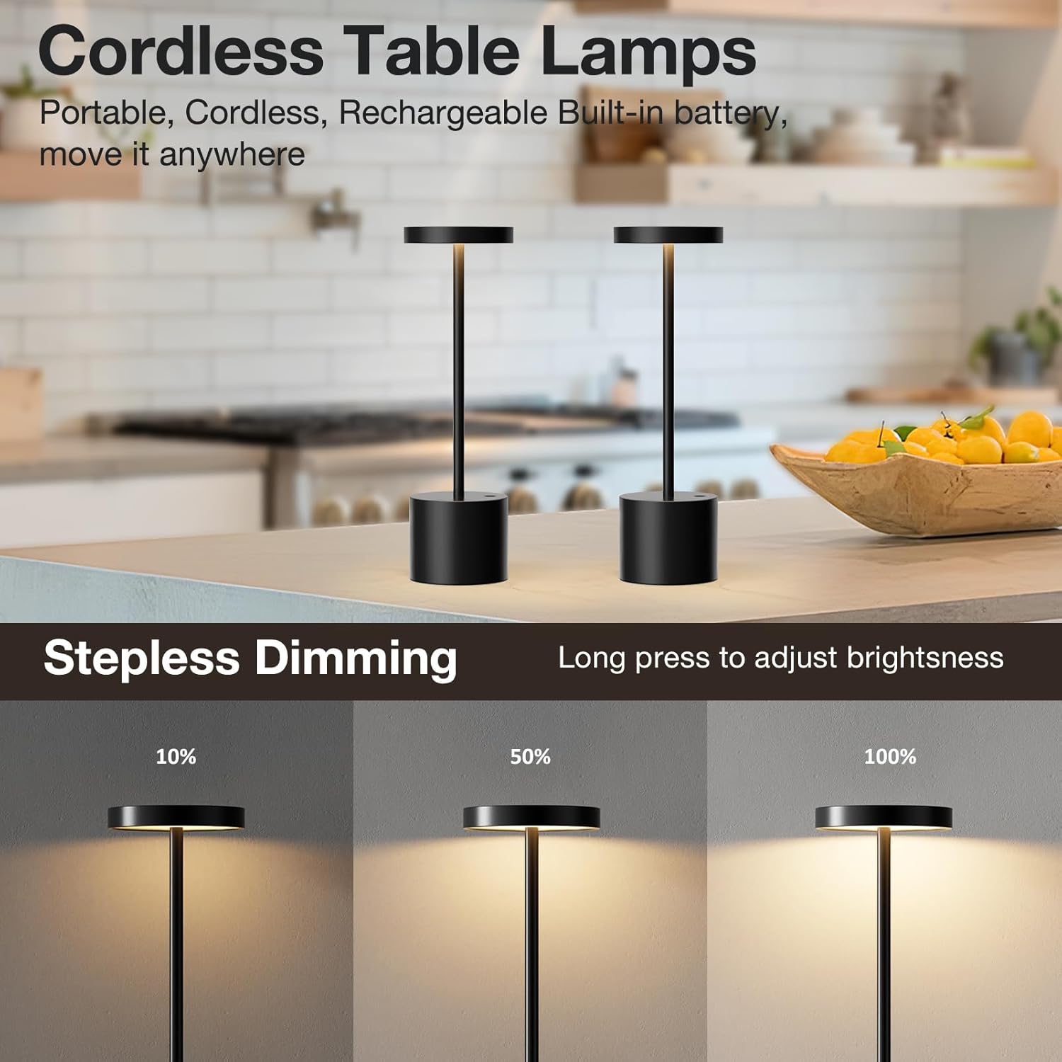 Black Cordless Table Lamp, 4000mAh Rechargeable Battery Powered Lamps, 3 Color Stepless Dimming, LED Wireless Outdoor Lamps for Dining…
