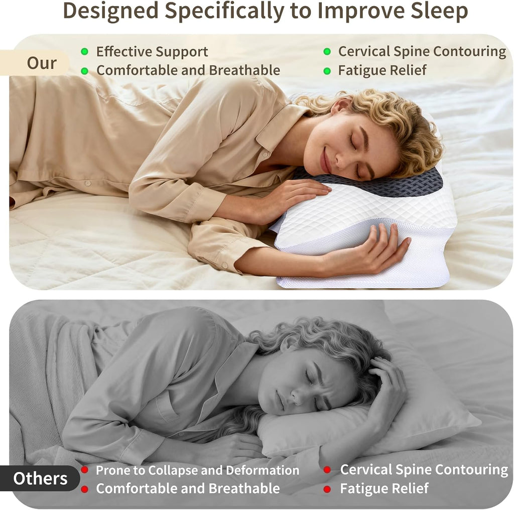 Roowana Cervical Neck Pillow for Neck Pain, Memory Foam Orthopedic Pillow with Contoured Design, Neck Support Pillows for Side, Back and St…