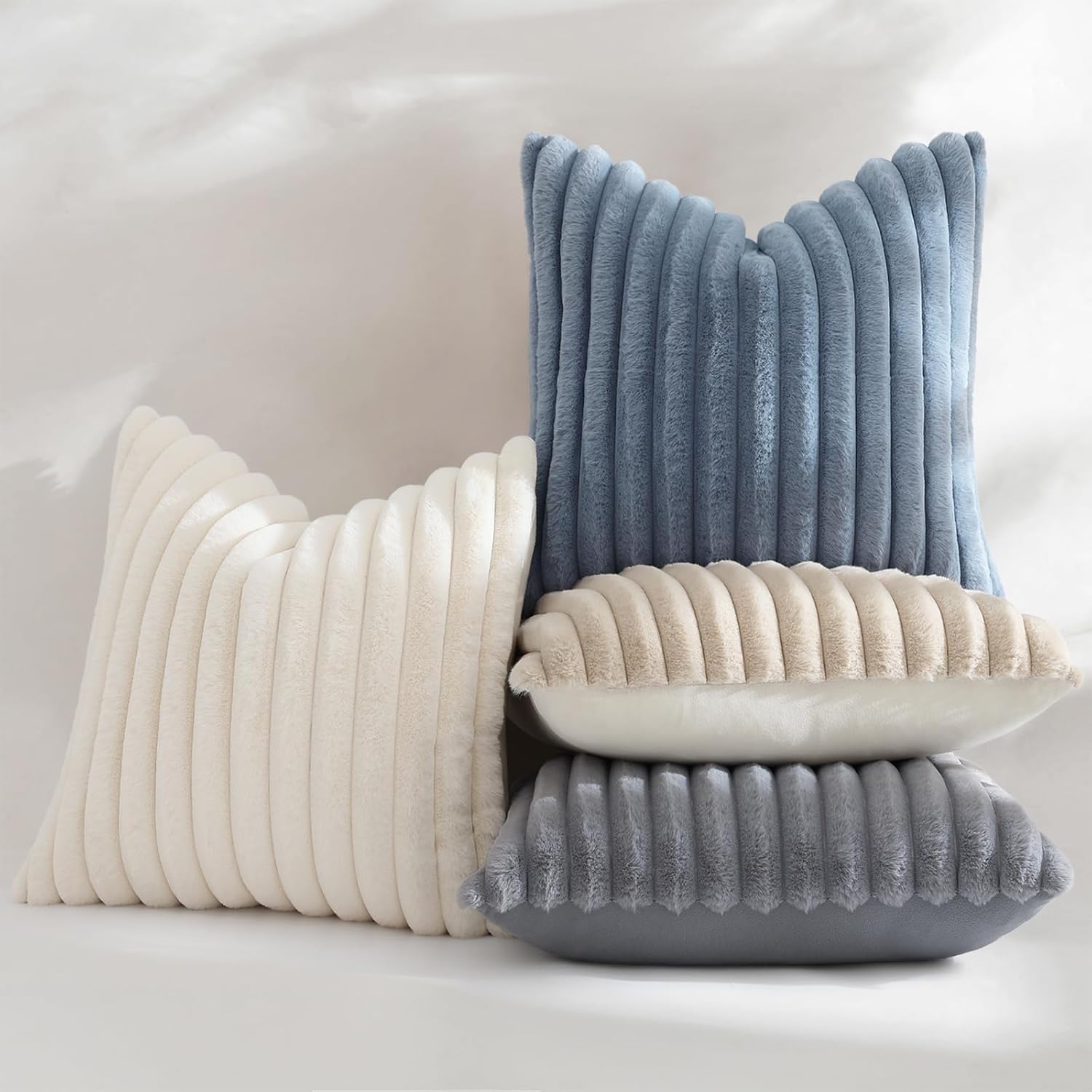 decorUhome Cozy Faux Fur Throw Pillow Covers 20x20 Set of 2 Decorative Soft Plush Striped Modern Farmhouse Boho Couch Pillow Cases with Vel…