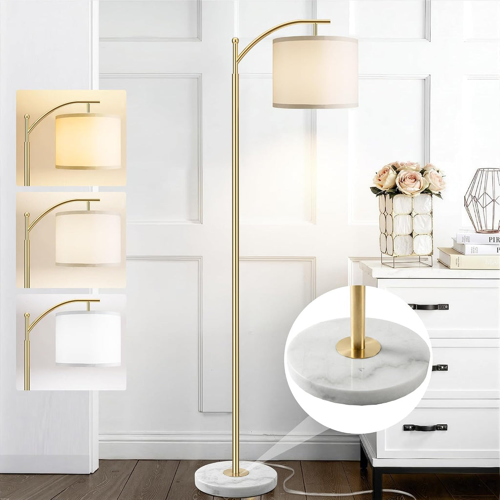 ROTTOGOON Gold Floor Lamp for Living Room with Marble Base, Modern Standing Lamp with 3 Color Temperatures Bulb & Adjustable Linen Shade…
