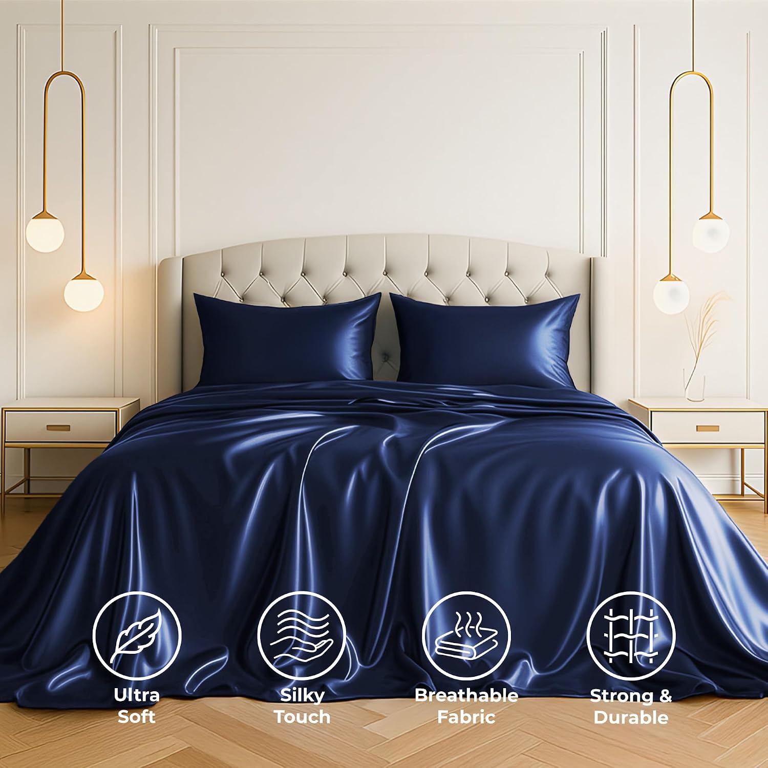 PureBedding Satin Sheets California King [4-Piece, Midnight Blue] Hotel Luxury Silky Bed Sheets - Soft Microfiber Sheet Set, Wrinkle, Fade,…
