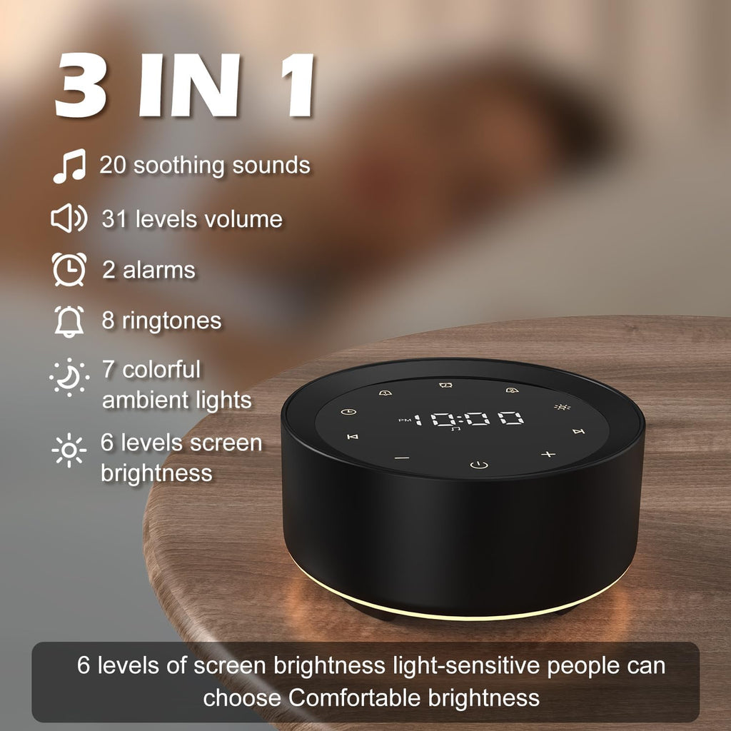 White Noise Machine with Alarm Clock & Night Light for Babies and Adults, 20 Soothing Sounds, Glare-Free Upward Display, Touch Control…