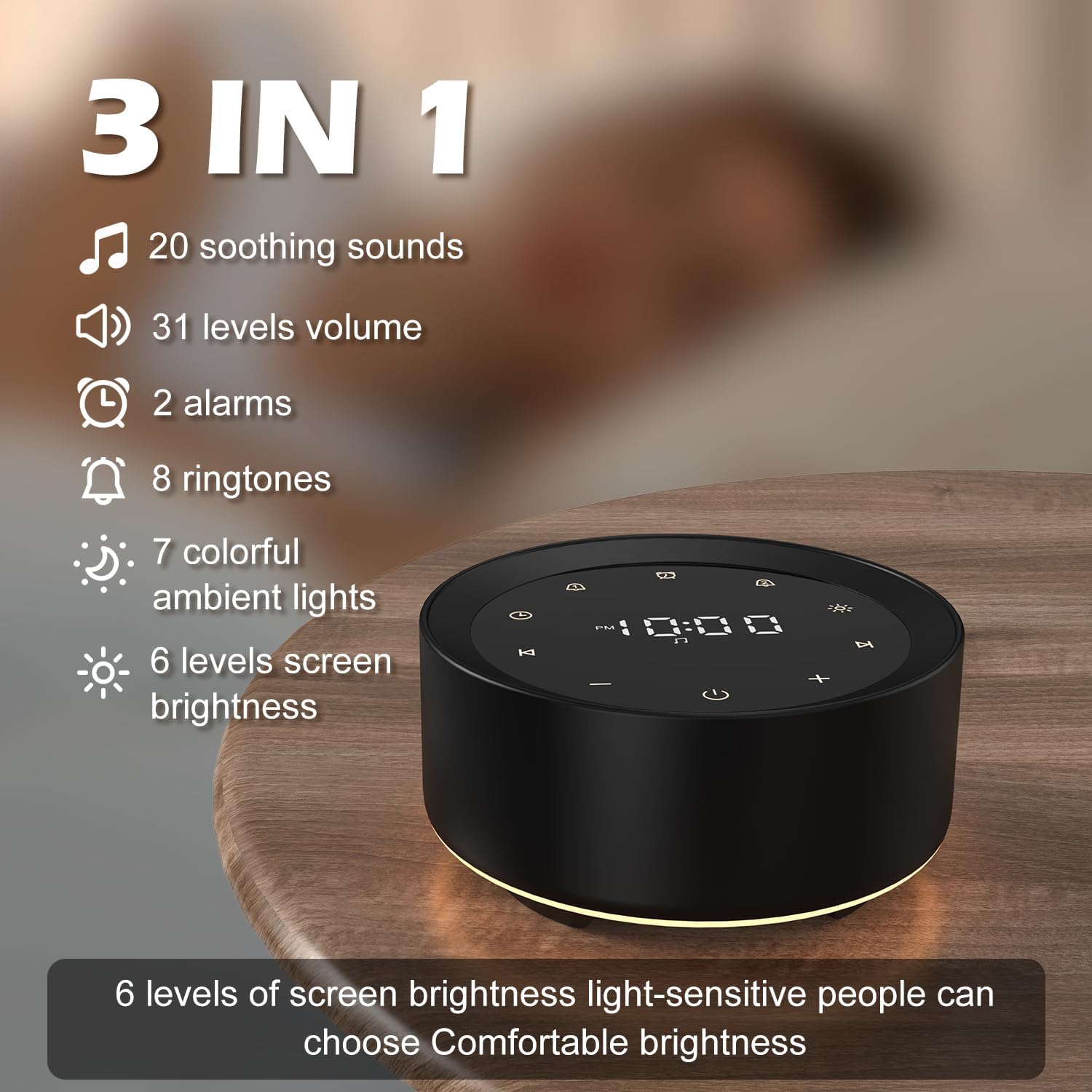 White Noise Machine with Alarm Clock & Night Light for Babies and Adults, 20 Soothing Sounds, Glare-Free Upward Display, Touch Control…