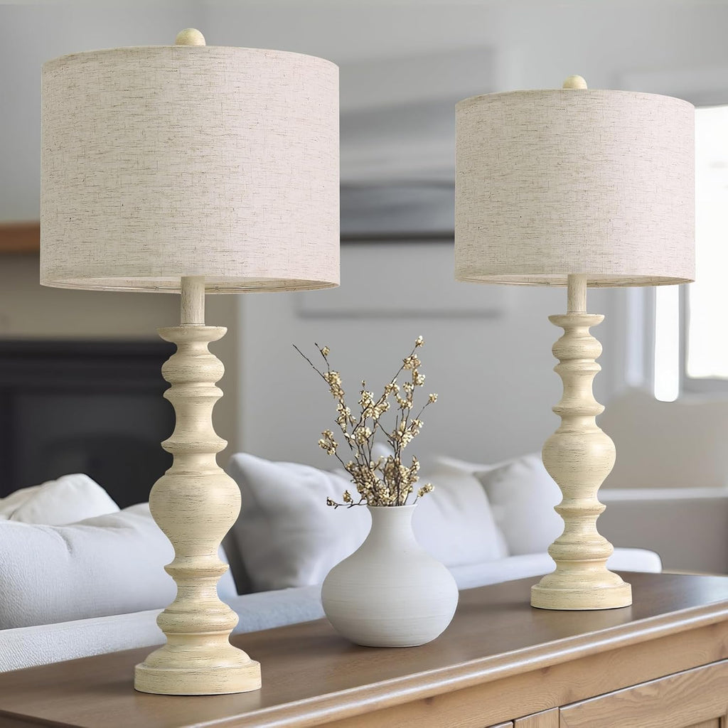 BOBOMOMO 27" Antique White Table Lamps Set of 2, Large Vintage Resin Lamps with Linen Shades, Farmhouse White Lamps for Bedroom, Living…