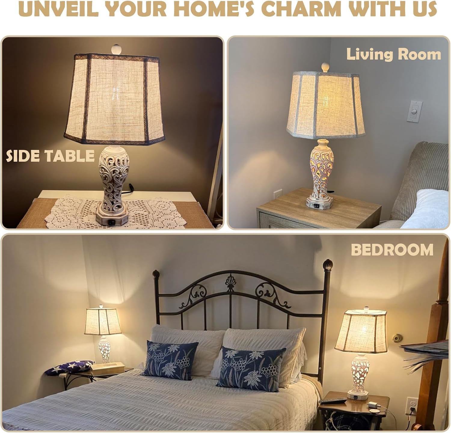 25'' Farmhouse Table Lamp for Living Room Bedroom, 2 USB Ports Vintage Rustic Nightstand Desk Lamp with Nightlight, White Hollow Out…