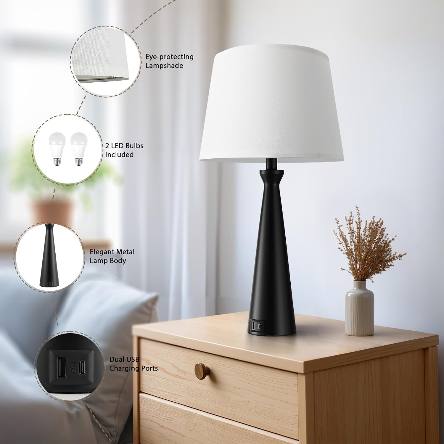 Seealle Modern Table Lamps Set of 2 - Touch Bedside Lamp for Nightstand with Dual USB C+A,3-Way Dimmable Black Nightstand Lamps for…