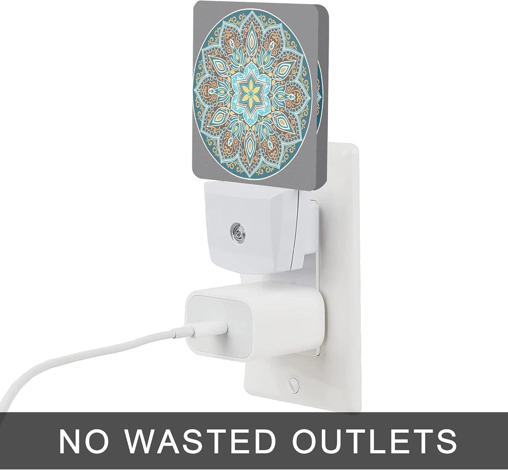 Mandala Floral Night Light, Yellow and Brown Ethnic Style Plug-in Night Lights with Dusk-to-Dawn Sensor for Stairway/Hallway/Bedroom Sleep…