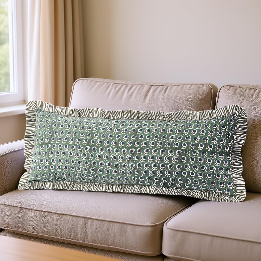 Ridhi Block Print Basil Green 36"x14" Set 1-100% Cotton Ruffle Lumbar Sham Cover Boho Floral Pillowcase, Farmhouse Cottagecore Bedding…