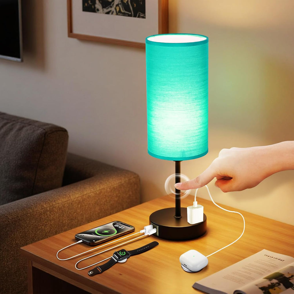 Table Lamp with USB Port - Teal Desk Lamp, Green Touch Lamp, Bedside Lamps, 3 Way Dimmable Small Lamps for Bedroom, Nightstand, Nursery…