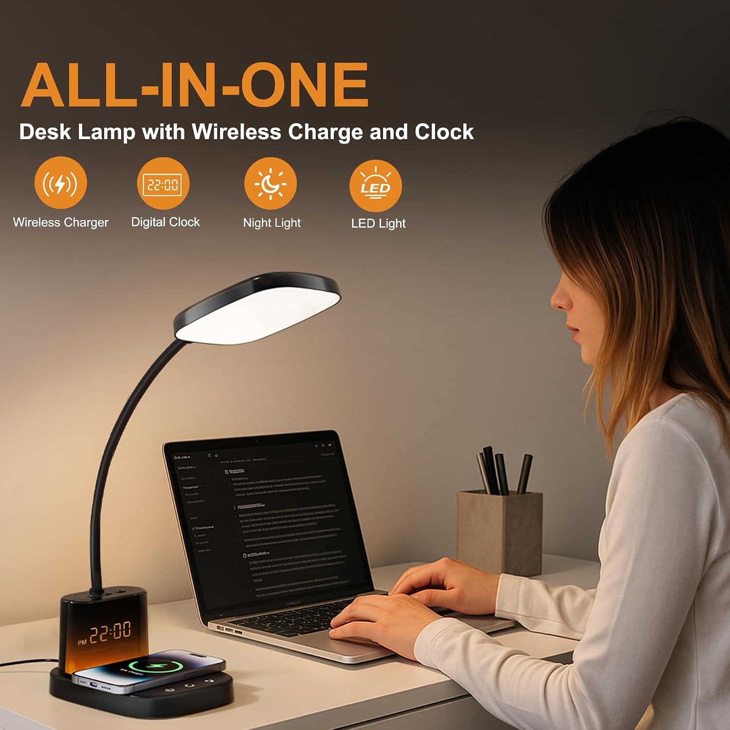 Desk Lamp, Bedside Table Lamps with Wireless Charger and Clock, 30Mins Auto-Off Night Light Lamp, 3 Color Modes Dimmable Touch 800LM CRI…