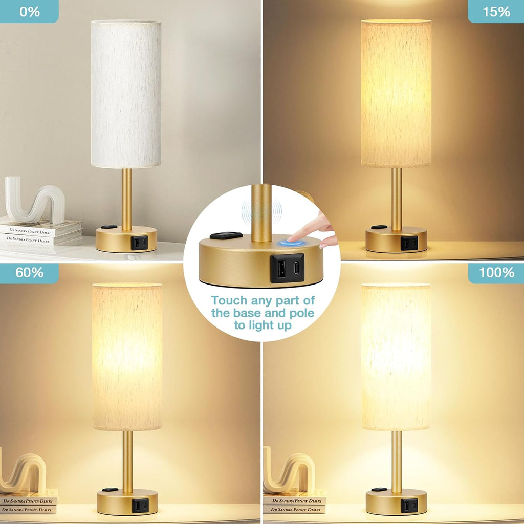 Fenmzee Gold Nightstand Bedroom Lamp - 3 Way Dimmable Bedside Lamp USB C A Charging Ports and AC Outlet, Small Table Lamp Linen Lampshade…