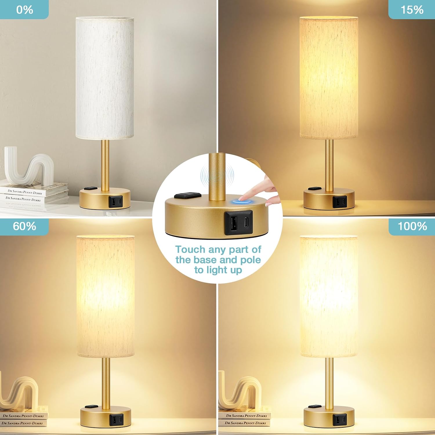 Fenmzee Gold Nightstand Bedroom Lamp - 3 Way Dimmable Bedside Lamp USB C A Charging Ports and AC Outlet, Small Table Lamp Linen Lampshade…