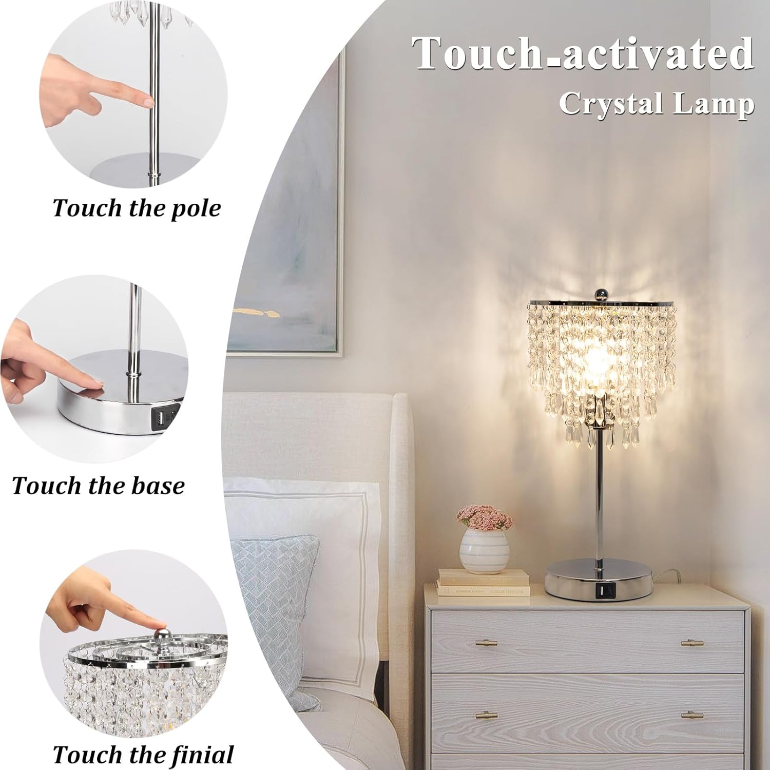 Touch Control Crystal Table Lamp with USB C+A Charging Ports, 3-Way Dimmable Bedside Touch Lamp Decorative Nightstand Lamp with Elegant…