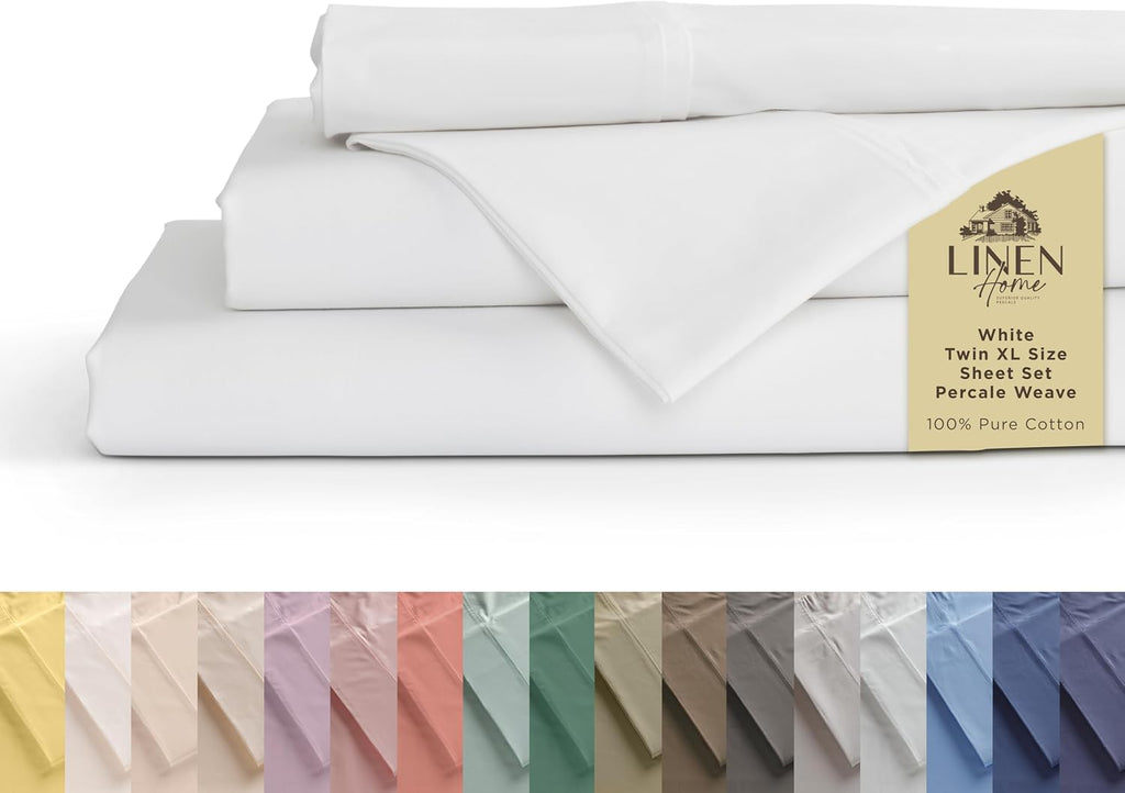 Linen Home 100% Cotton Percale Sheets Twin XL Size, White, Deep Pocket, 3 Pieces Set - 1 Flat, 1 Deep Pocket Fitted Sheet and 1…