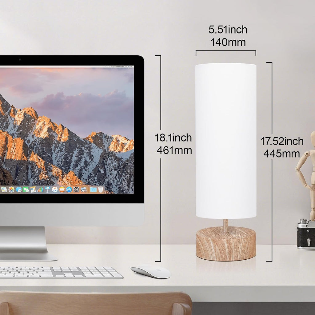 Touch Table Lamp with Metal Base Covered with Wood Grain, 3 Way Dimmable Bedside Nightstand Lamp with White Shade, Simple Night Light for…
