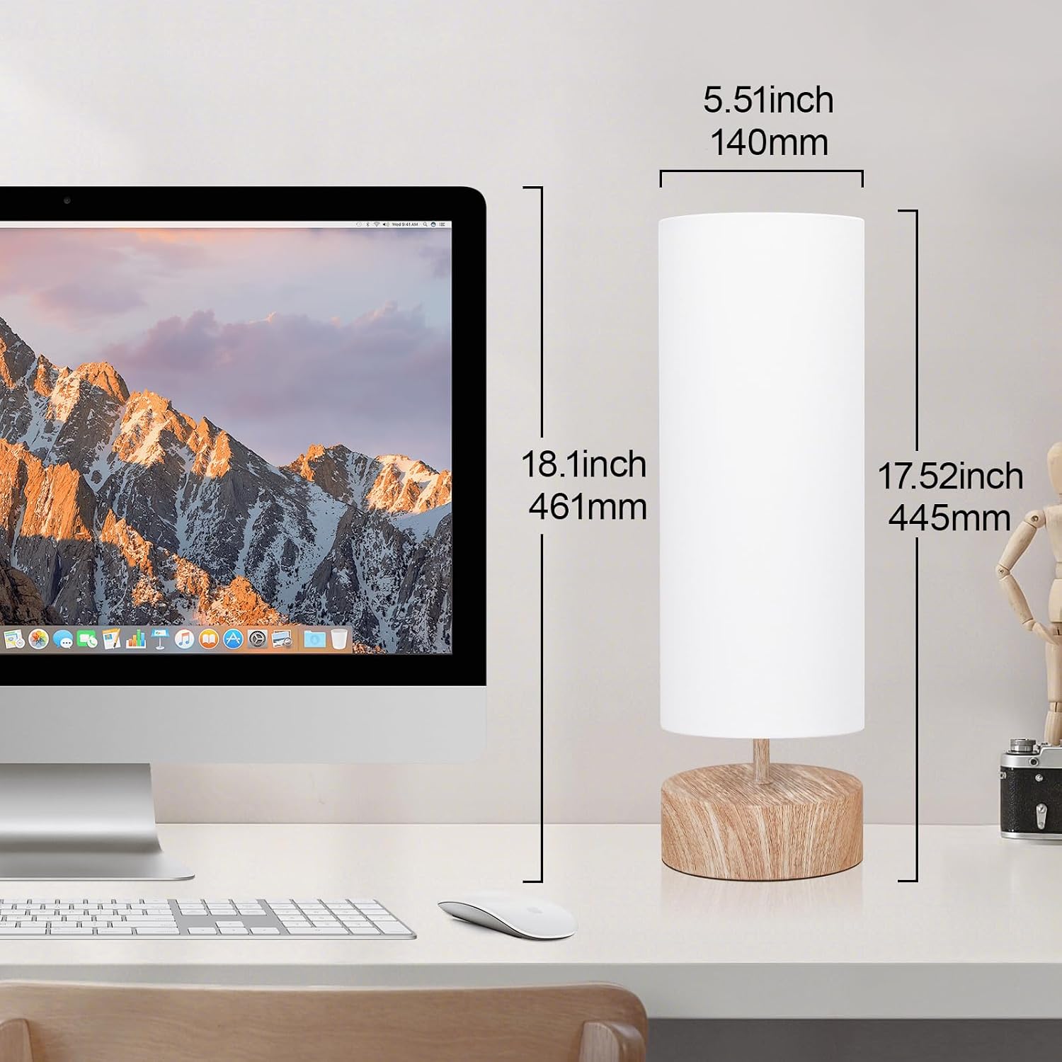 Touch Table Lamp with Metal Base Covered with Wood Grain, 3 Way Dimmable Bedside Nightstand Lamp with White Shade, Simple Night Light for…