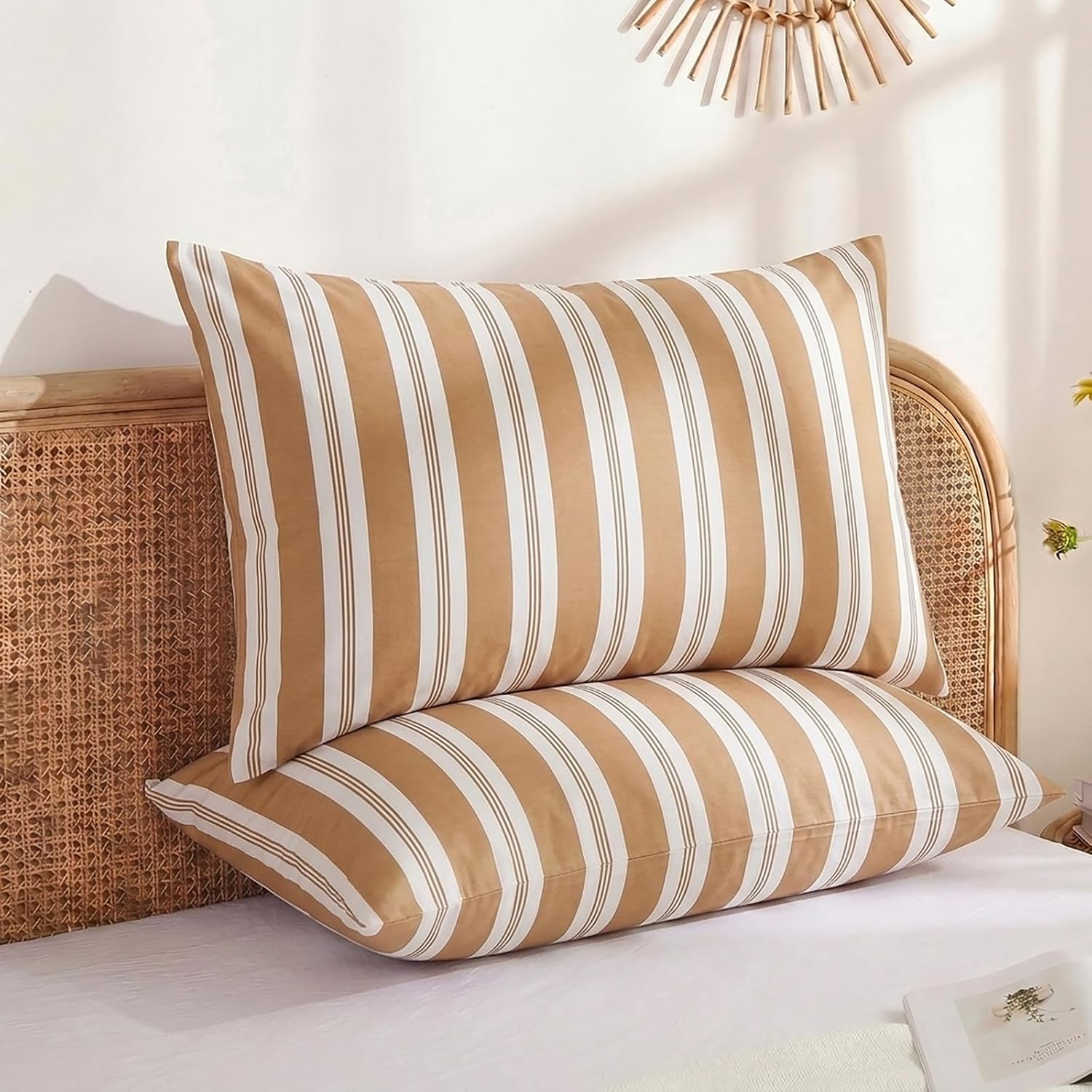 Merryword Khaki Striped Pillowcases, 100% Cotton Pillow Cases, Queen Size Pillowcases, Luxury Linen Like Pillowcase, Soft Breathable Stripe…