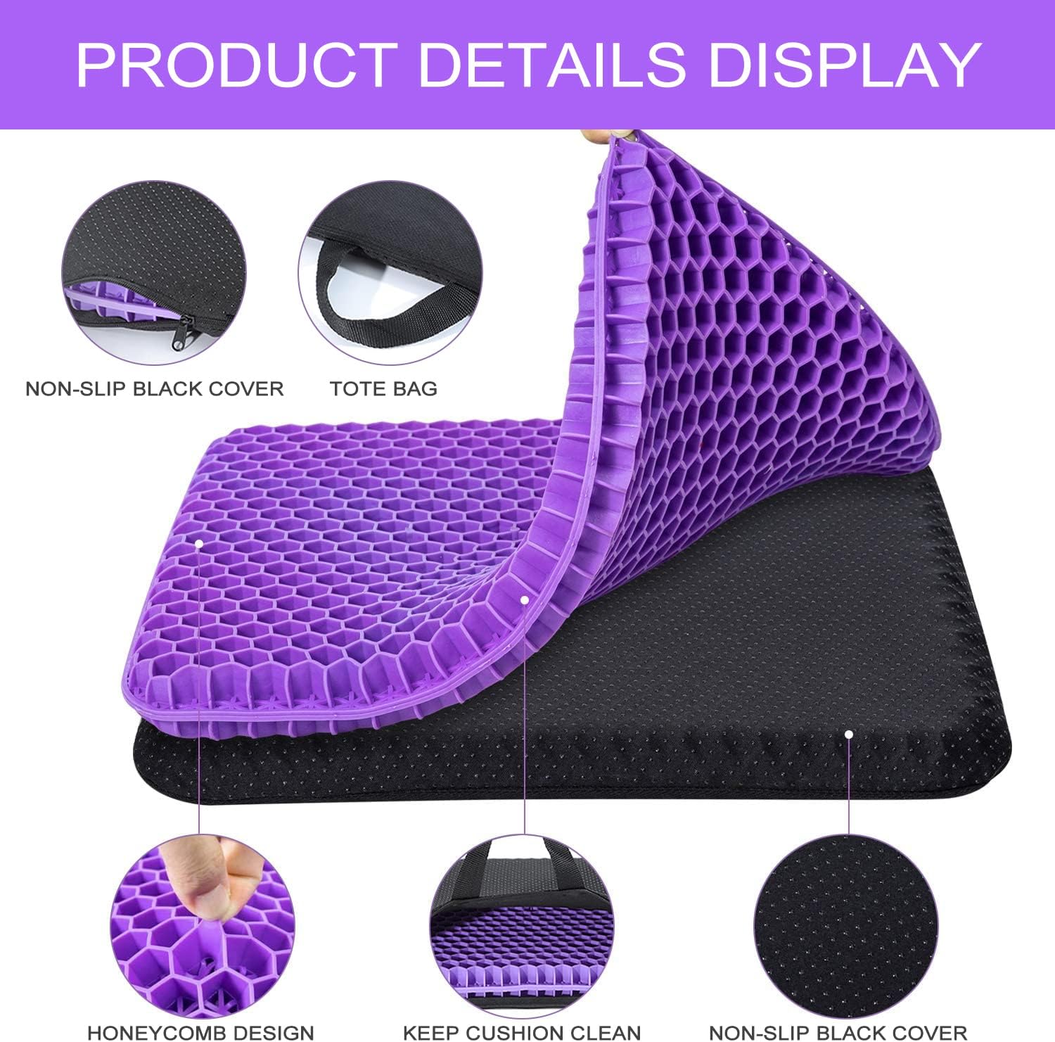 Fzitiy Gel Seat Cushion, for Long Sitting -Double Thick Gel Seat Cushion Breathable Honeycomb Chair Cushion with Non-Slip Cover for Office…