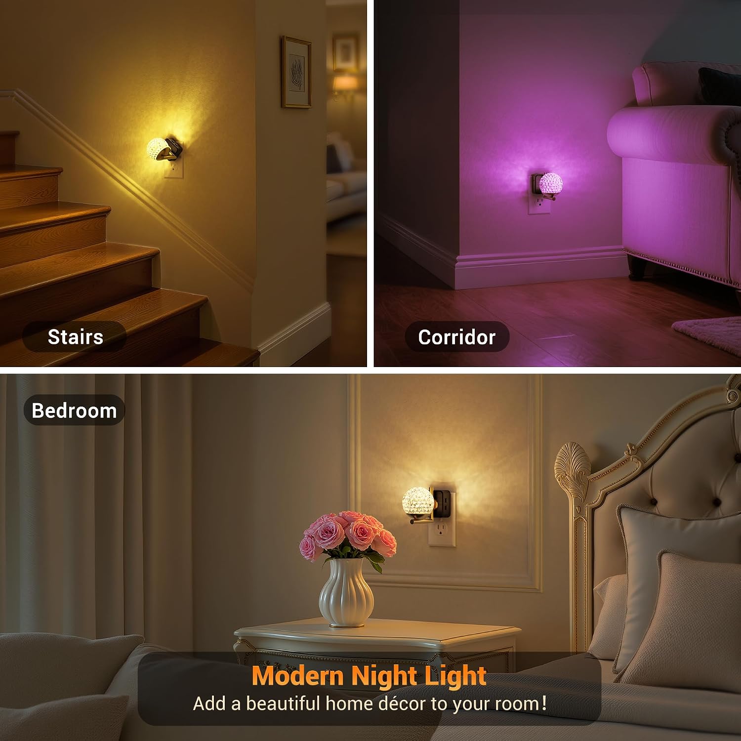 JandCase LED Night Light, 3000K Warm White & RGB Color Changing Night Lights Plug into Wall, Dusk to Dawn Light Sensor, 180° Rotatable…