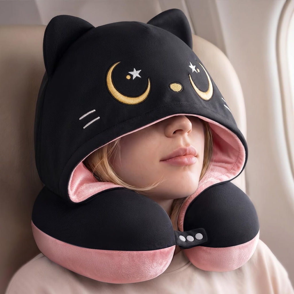 Mewaii Travel Neck Pillow with Hood for Airplanes, Memory Foam, Breathable Ice Silk & Soft Velvet, Double-Sided, Removable to…