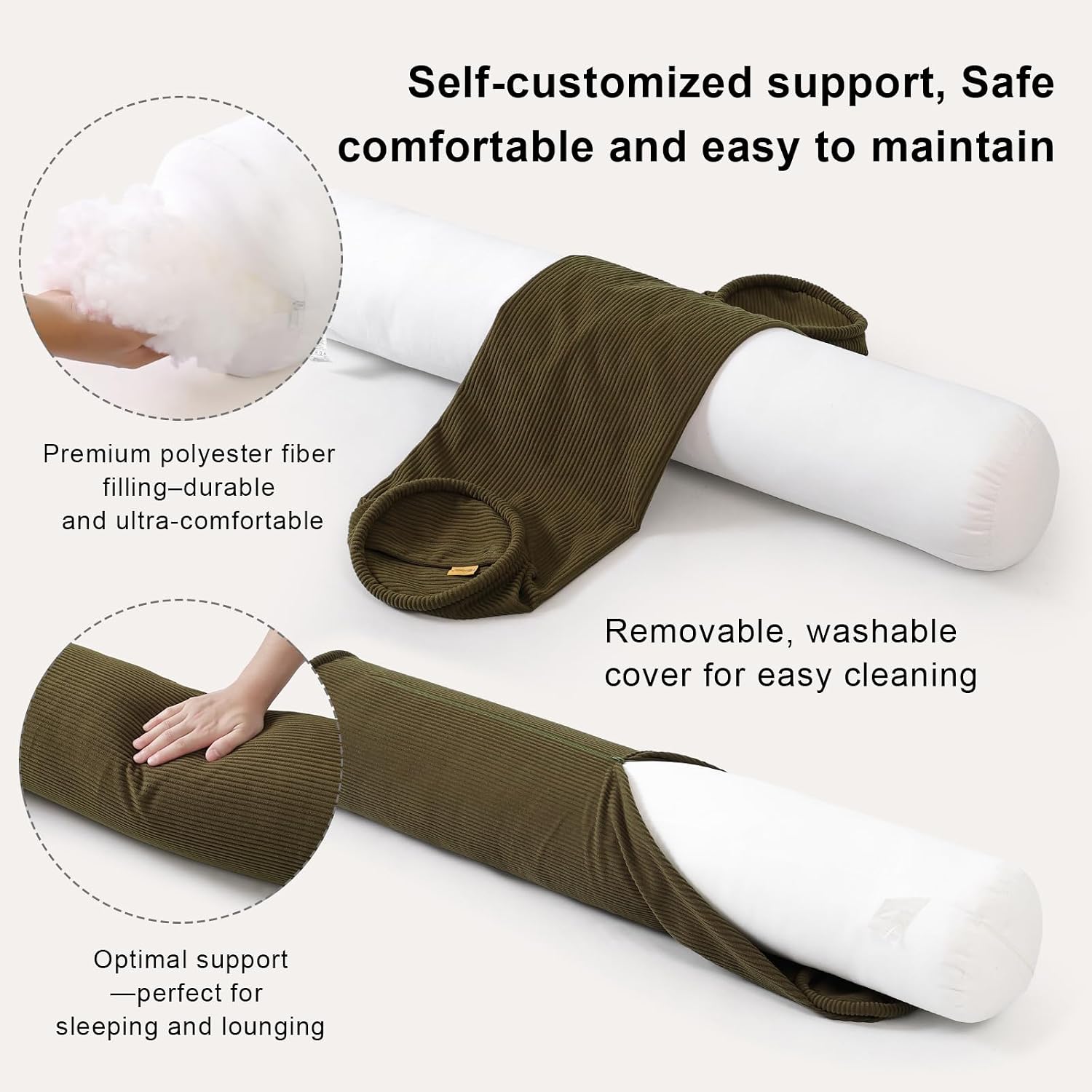 Long Round Body Pillow for Adults – Corduroy Cervical Roll Bolster Pillow, Firm Support for Spine Alignment & Side Sleeping,47 x 7.87…