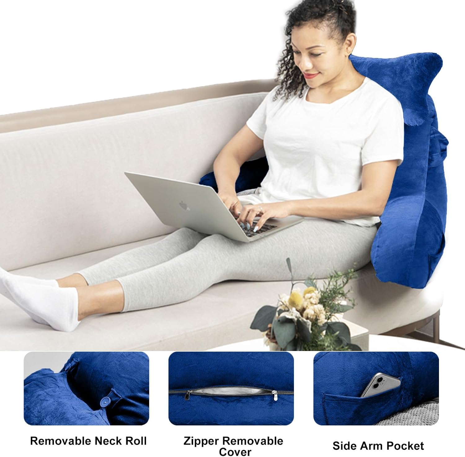 SLIGUY Reading Pillow for Sitting in Bed Couch Adult, Back Pillow with arm Support and Pockets, Adult Back Pillow Bed Chair for Bed Rest…