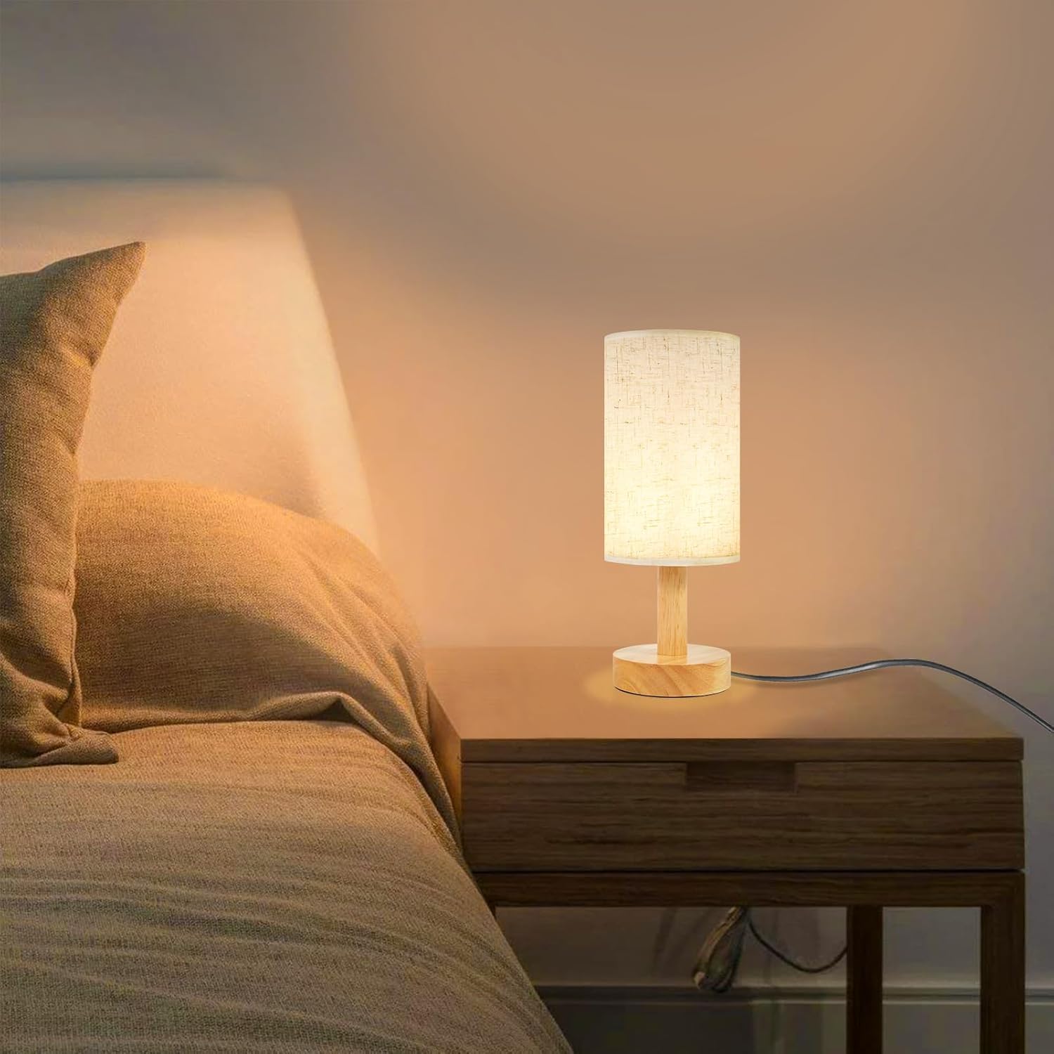 Small Bedside Table Lamps for Bedroom Set of 2, Natural Round Wood Base&Fabric Linen Shade, Cozy Night Light for Study Reading, Minimalist…