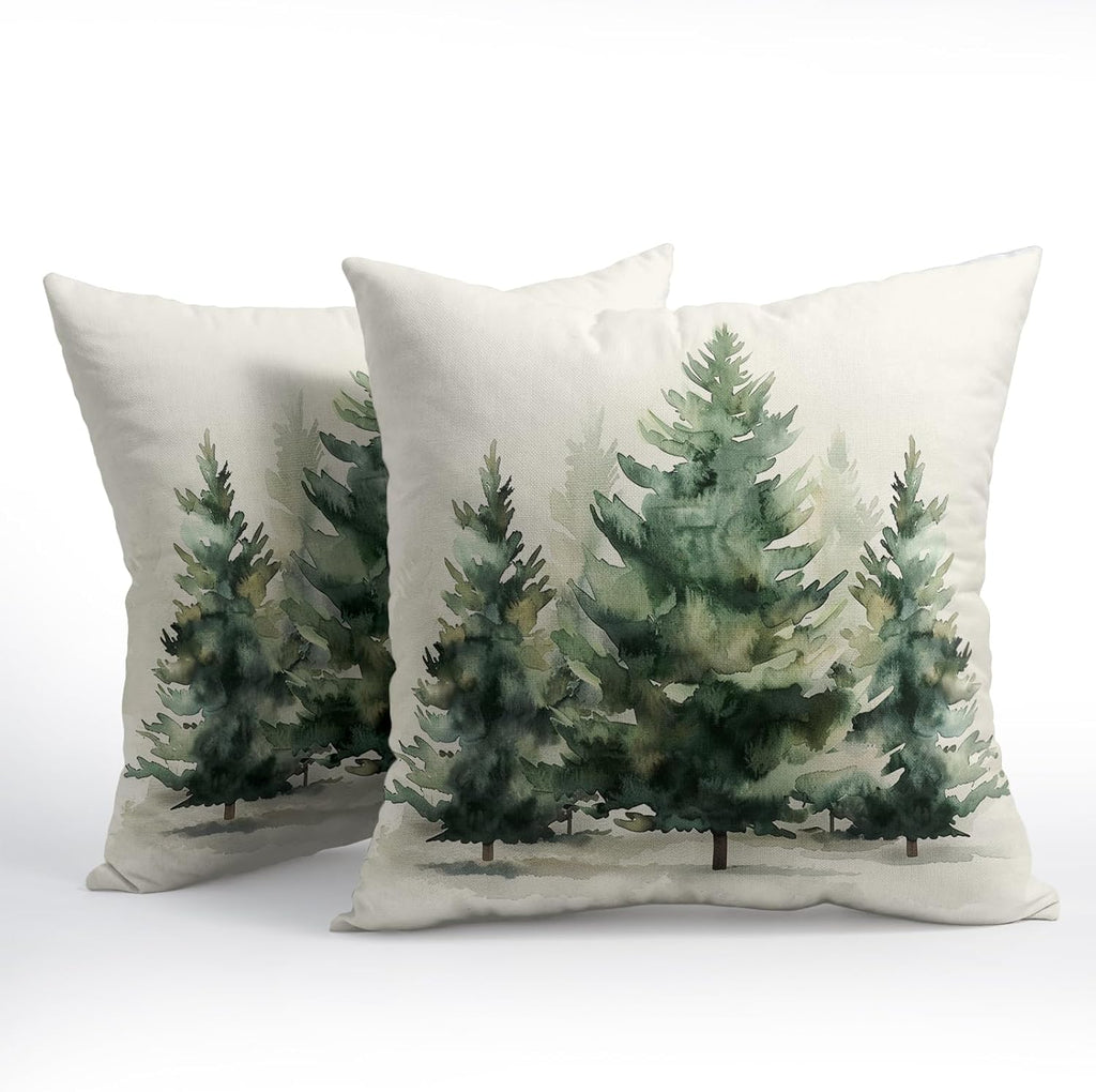Granbey Watercolor Green Tree Throw Pillow Covers 18x18 Inch Set of 2 Green Christmas Tree Decorative Pillowcase Winter Nature Trees Holida…