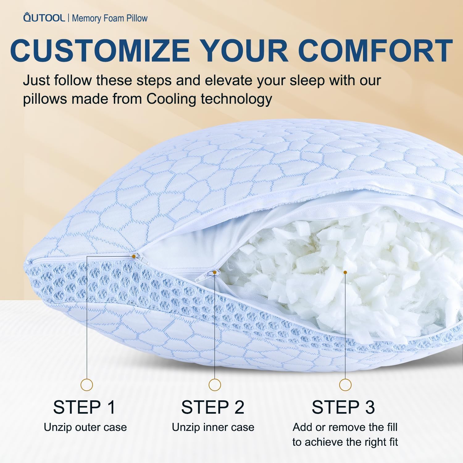 Qutool Enhanced Cooling Pillows for Sleeping, CertiPUR-US Shredded Memory Foam Pillows Standard Size Set of 2 for Hot Sleeper, Adjustable P…