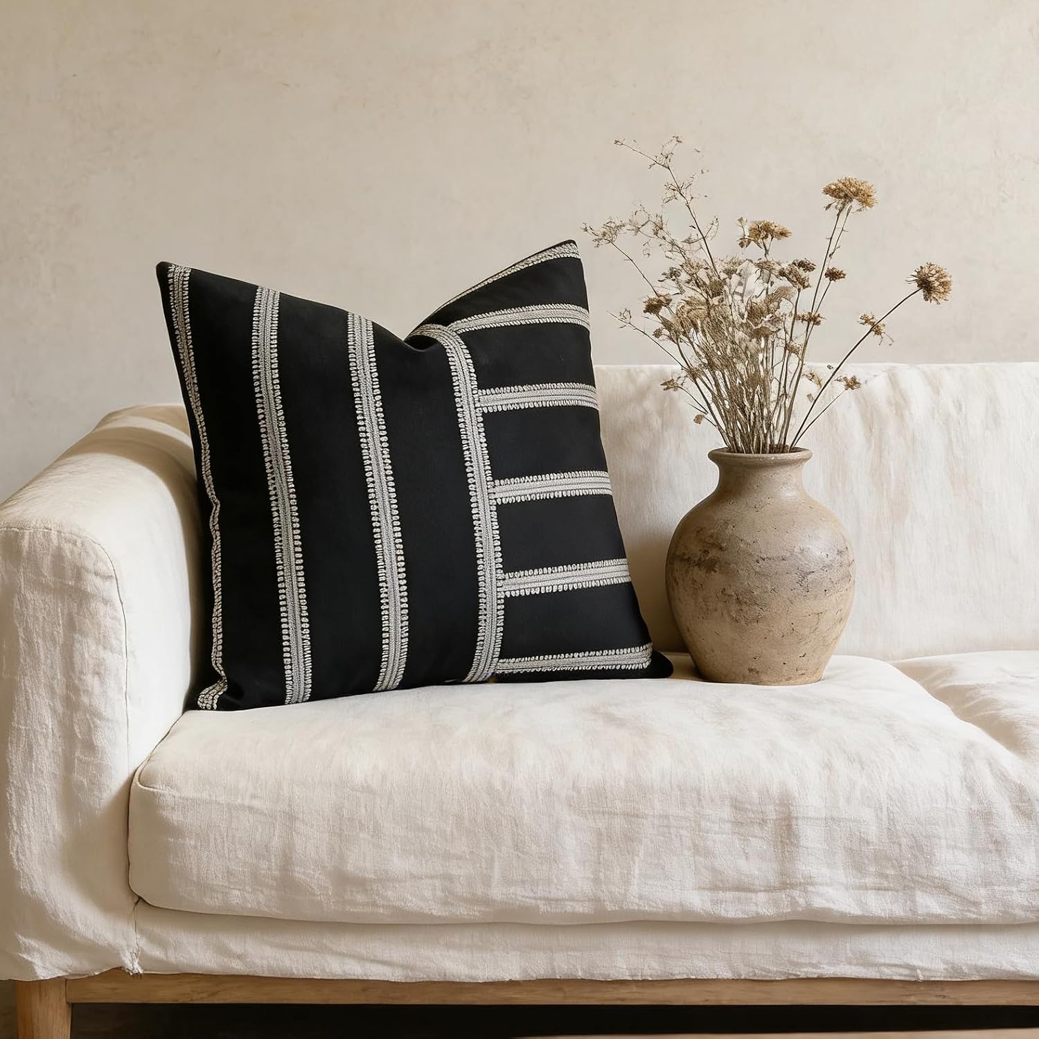 Slow Cow Linen Black and Off White Jacquard Textured Woven Stripe Patchwork Throw Pillow Cover Square 18 x 18 Inches