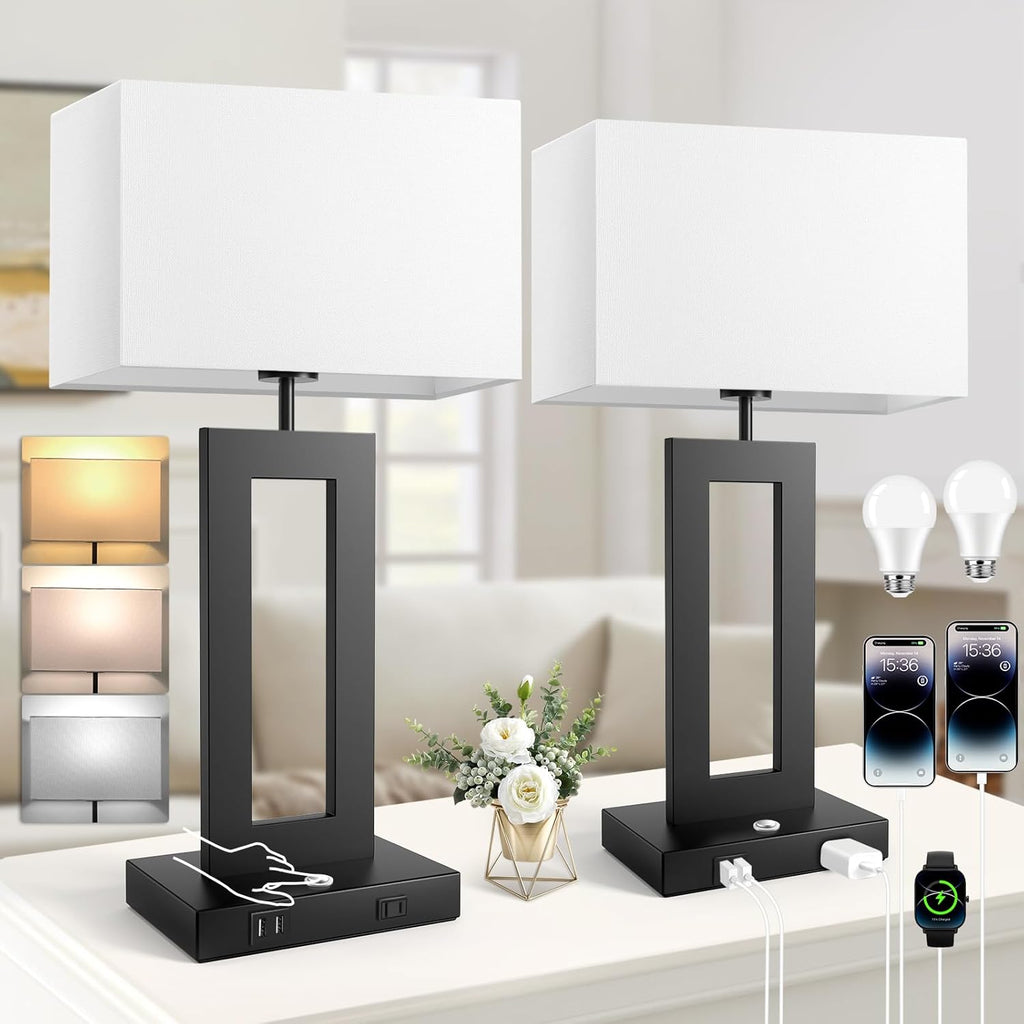 3 Color Temperatures Table Lamps for Bedrooms Set of 2, 22’’ Touch Control Bedside Nightstand Lamps with 2 USB Ports & AC Outlet…