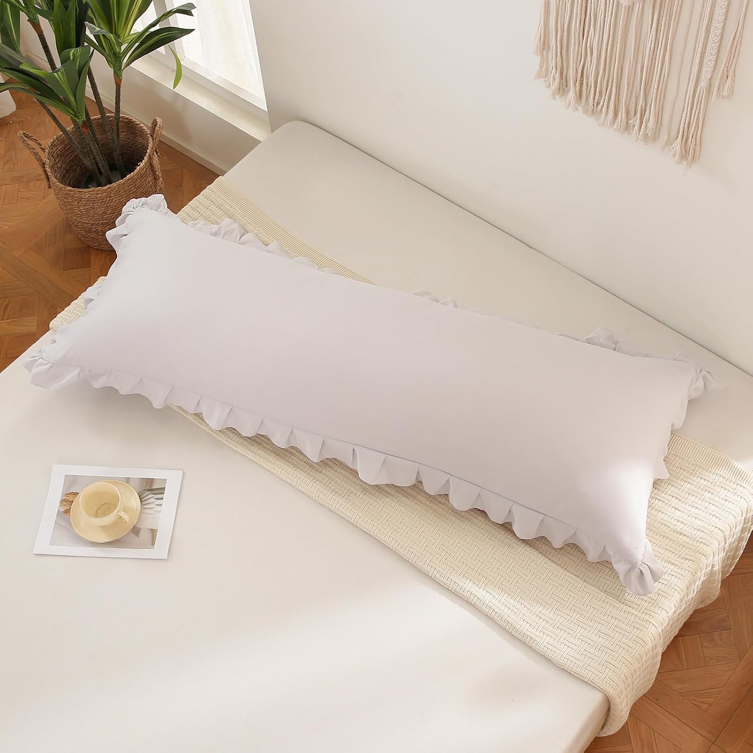 Merryword Beige Gray Body Pillow Cover 20x54inches Long Pillowcase Ruffled Pillowcases Shabby Chic Ruffled Fringe Decor Body Ruffled Pillow…