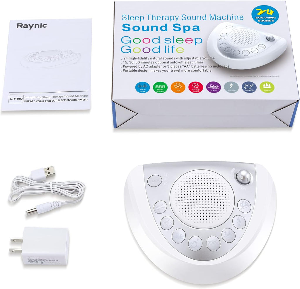 Raynic White Noise Machine, Battery Powered Sound Machine, Portable Sleep Machine with 24 Natural Soothing Sounds, Timer, USB Port…