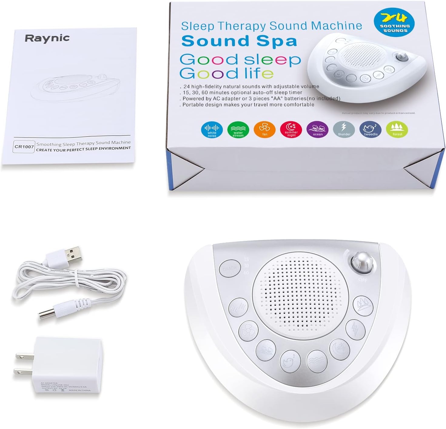 Raynic White Noise Machine, Battery Powered Sound Machine, Portable Sleep Machine with 24 Natural Soothing Sounds, Timer, USB Port…