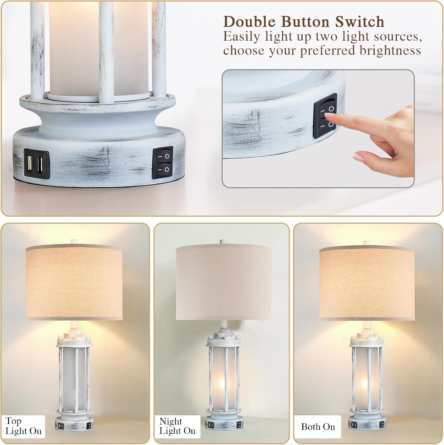 AIEAMPDO 25" Rustic Table Lamps Set of 2, Vintage Nightstand Lamps with 2 USB Ports, Farmhouse Antique White Desk Lamp with Glass Night…