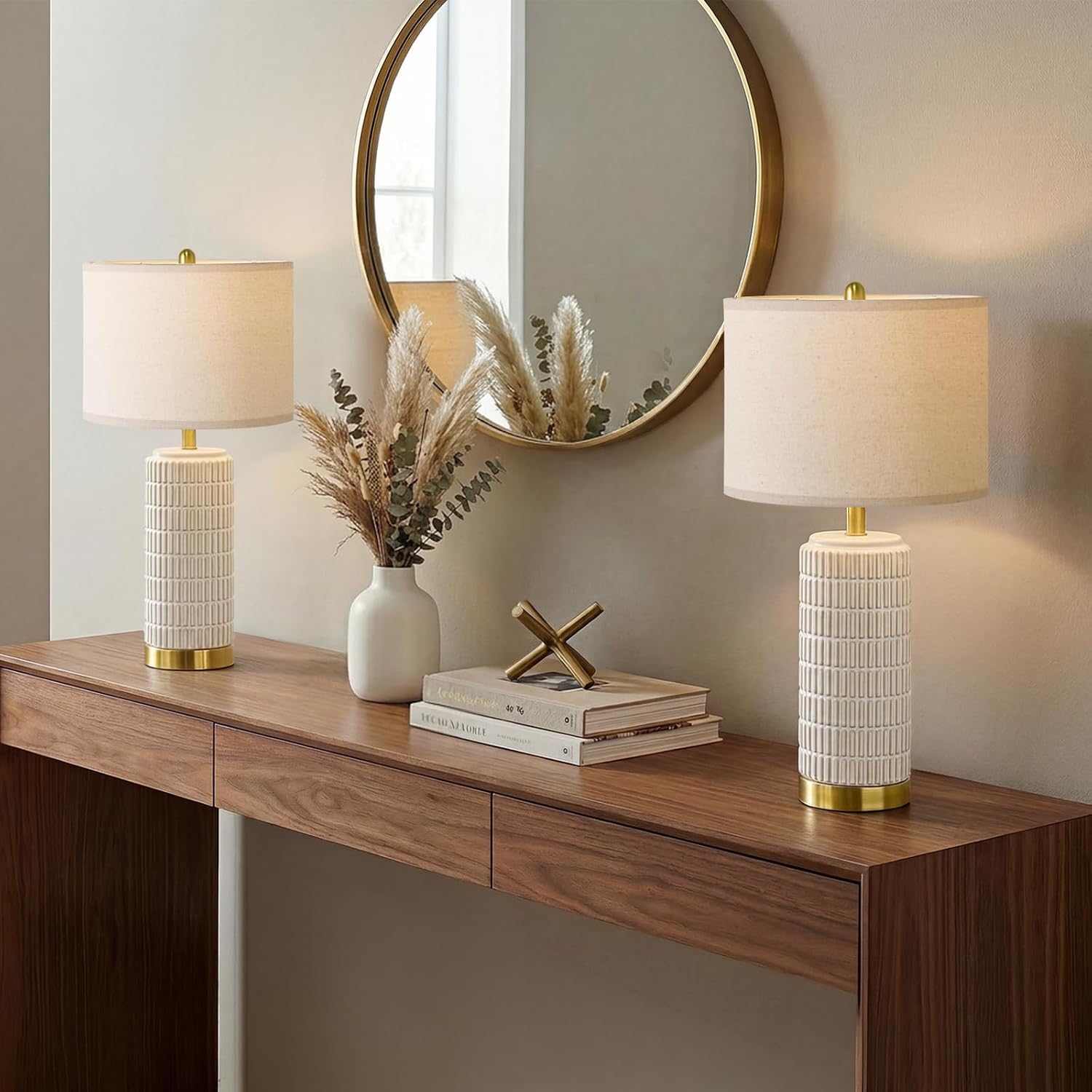 Pokat 25'' Modern Table Lamps Set of 2 for Living Room with Gold Base, White Farmhouse Bedside Lamps for Bedroom, Nightstand Lamps for Offi…