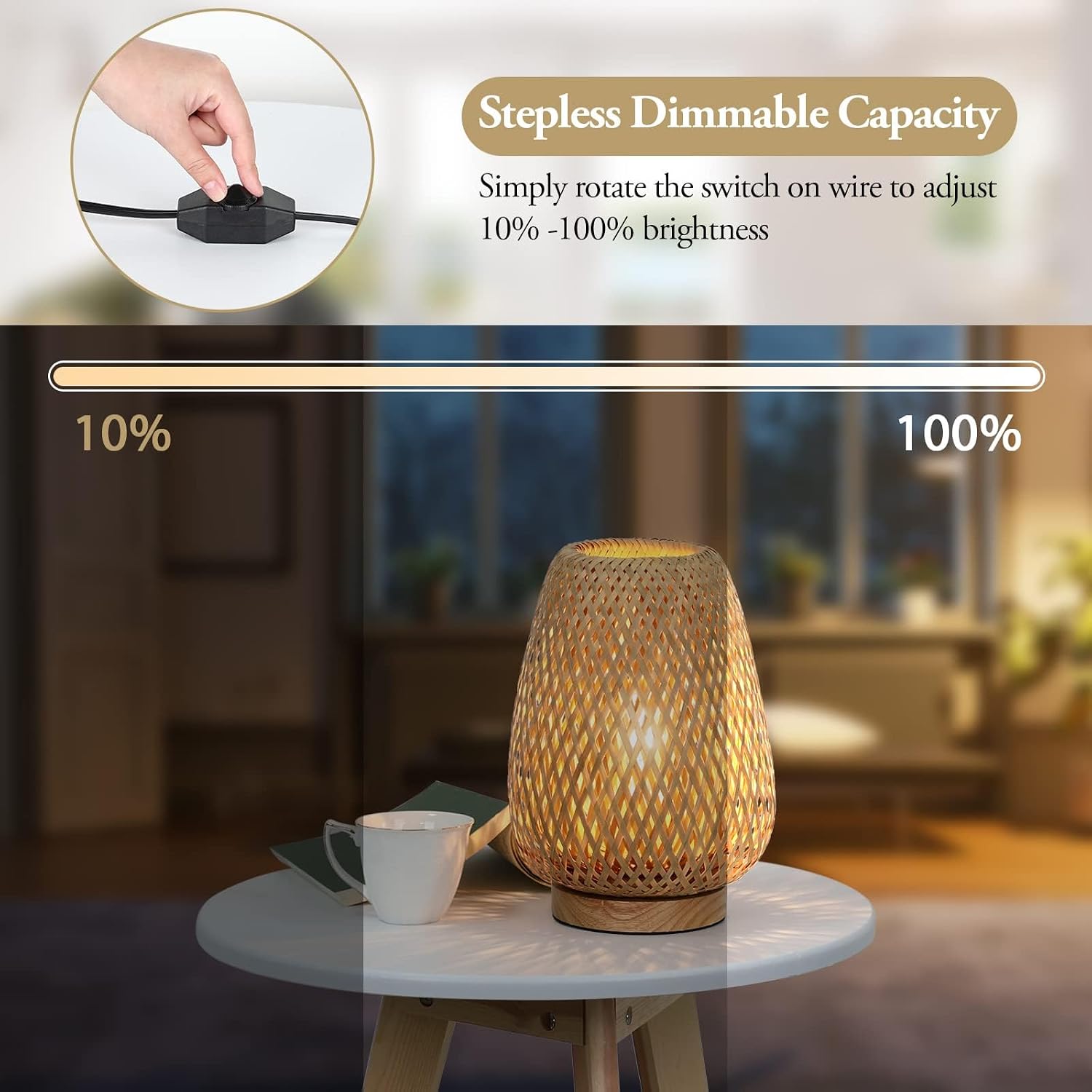 Brightever Rattan Table Lamp, Stepless Dimmable Small Beside Lamp, Vintage Wicker Wooden Nightstand Boho Bamboo Woven End Table Lamps for B…