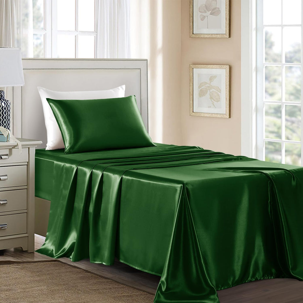 Golal Satin Sheets Twin XL Size - 3 Pieces Luxury Silky Soft Bed Sheets, Wrinkle-Free Dark Green Satin Silk Sheet Set with 1 Deep Pocket Fi…