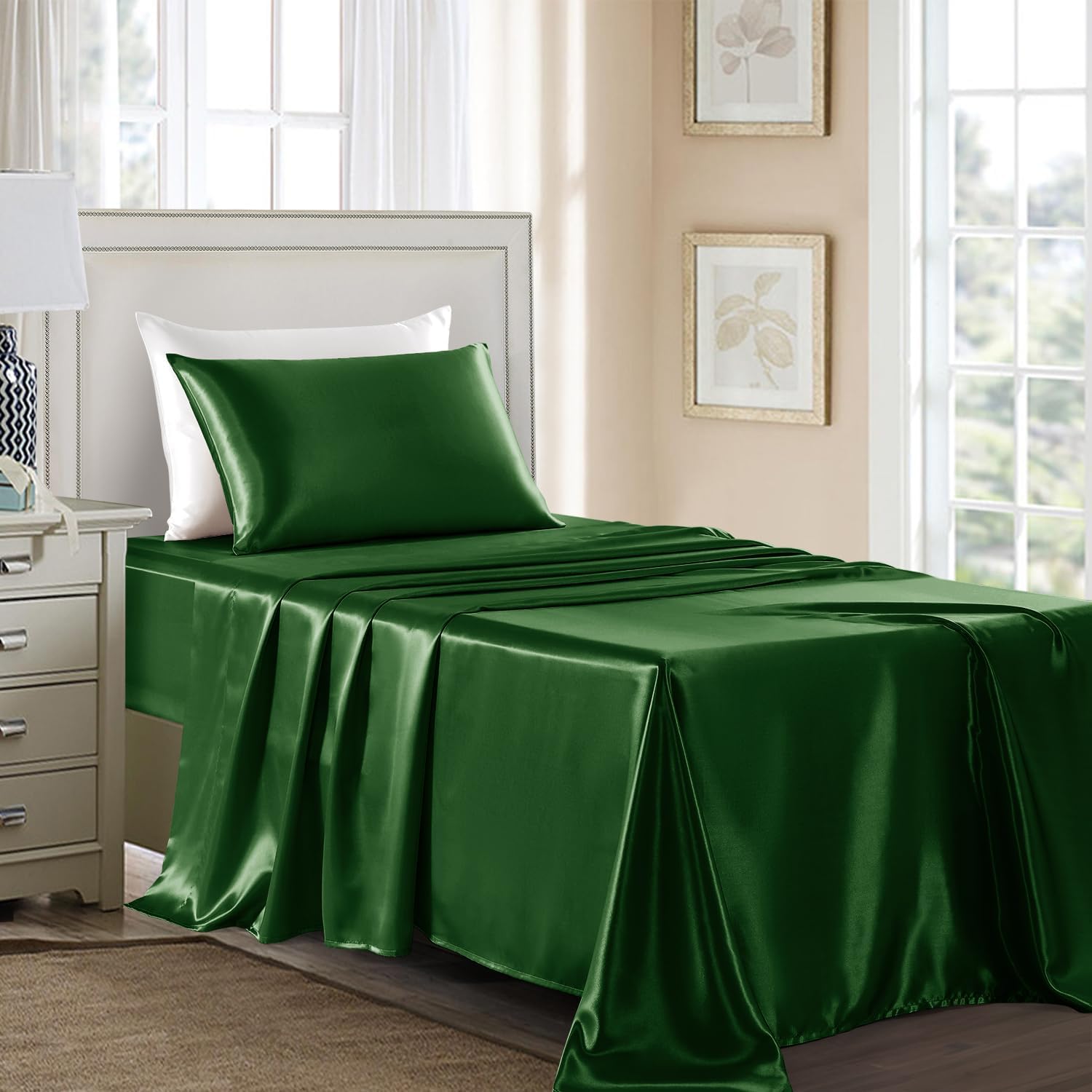 Golal Satin Sheets Twin XL Size - 3 Pieces Luxury Silky Soft Bed Sheets, Wrinkle-Free Dark Green Satin Silk Sheet Set with 1 Deep Pocket Fi…