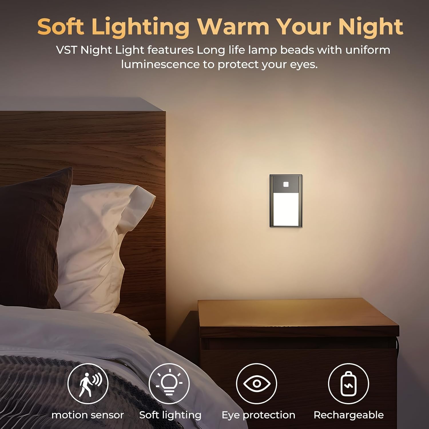 VST Motion Sensor Step Night Lights, Rechargeable Battery Powered Stair Lights with Magnetic Suck Installation for Indoor Bedroom Hallway…